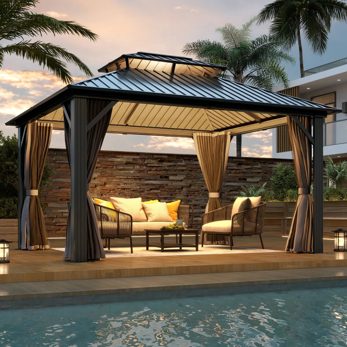 Outdoor+Aluminum+Patio+Gazebo,+Galvanized+Steel+Hardtop+Gazebo+with+Privacy+Curtain+and+Mosquito+Netting-109739686